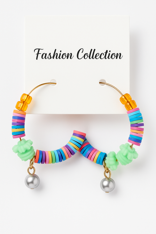 Multicolour Bead Hoop Earring with Orange ‘A’ Charm – Playful Personalized Style