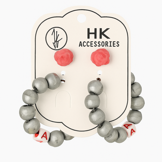 Handcrafted Grey Beaded Hoop Earrings with Alphabet Detail