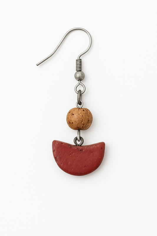 Handcrafted Boho Clay Dangle Earring – Earthy Red & Bronze Bead